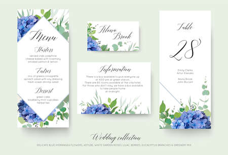 Wedding floral personal menu, place, information, table number card design set with elegant blue hydrangea flowers, white garden roses, green eucalyptus, lilac branches, greenery leaves & cute berries