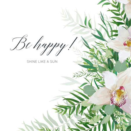 White orchid flowers, greenery eucalyptus branches, tropical forest palm green leaves border with Be happy text.のイラスト素材