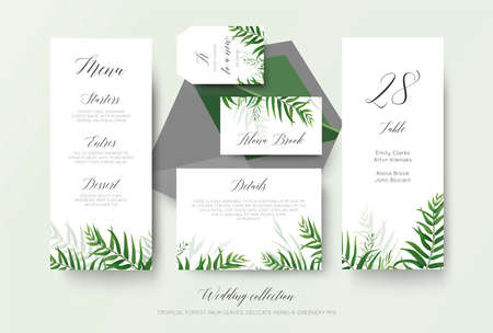 Wedding menu, label, place card, details, table number cards floral design with green tropical forest palm leaves, eucalyptus branches, greenery herbal decoration.のイラスト素材