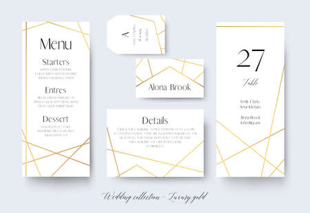 Wedding menu, label, details, place, table number cards delicate design with golden foil graphic stripes  geometrical frame. Vintage art geometrical decor. Elegant, trendy, luxury vector collectionのイラスト素材