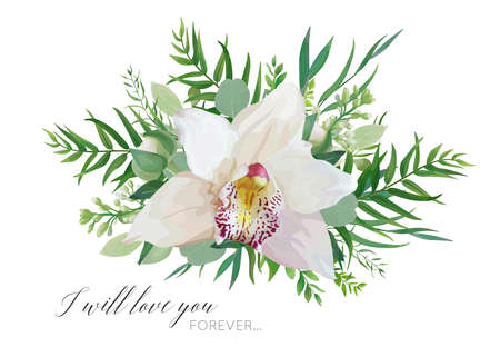 Vector floral greeting card design with elegant bouquet of white pink tropical orchid flower, lilac, eucalyptus green branches, greenery herbs, palm leaves.のイラスト素材