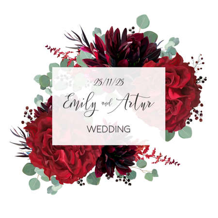 Wedding vector Floral invite, invitation save the date card vector design: garden marsala red rose flower, burgundy wine dahlia, eucalyptus greenery branches, berries. Bohemian classy stylish templateのイラスト素材