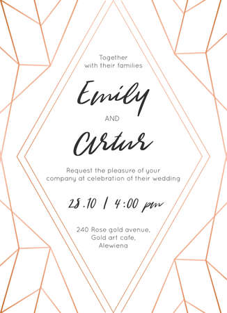 Wedding invite, invitation save the date card modern design with geometrical golden rose, copper, metallic foil classy decorative frame, border. Beautiful, abstract art. Trendy, luxury vector templateのイラスト素材