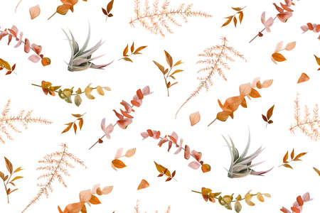 Vector autumn seamless pattern with mix of cute fall burnt orange red eucalyptus branches, taupe natural succulent leaves, beige brown asparagus fern. Wallpaper, textile fabric, paper template designのイラスト素材