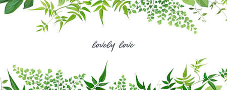 Tropical forest greenery leaves, branches, jasmine vine, forest fern, herbs natural border, frame, banner. Vector, editable, watercolor art illustration. Poster, wedding invite, greeting card templateのイラスト素材