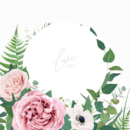 Stylish vector floral watercolor wedding invite, greeting card, save the date card design template. Dusty pink, mauve rose flowers, white anemone, eucalyptus leaves, greenery, green fern wreath, frameのイラスト素材