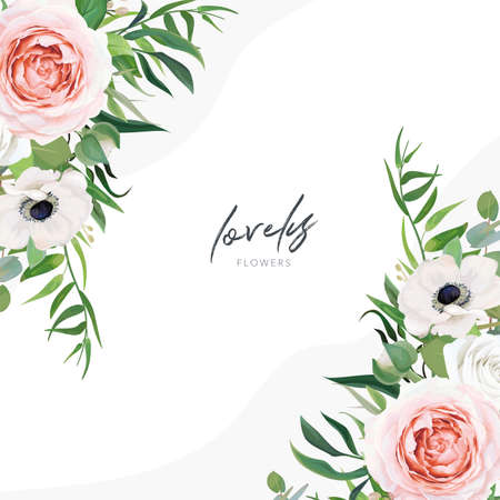 Romantic, vector floral wedding invite, save the date card, greeting template design. Ivory, white, blush pink garden roses, anemone flower, eucalyptus, palm leaves watercolor floral bouquet art frameのイラスト素材