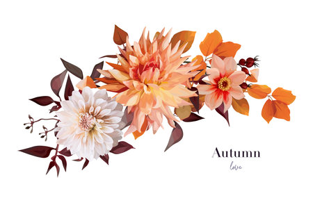 Beautiful autumn dahlia bouquet. Fall orange, peach cream flowers, yellow eucalyptus branches, red wild grape leaves floral editable illustration. Wedding invite, thanksgiving watercolor style elementのイラスト素材