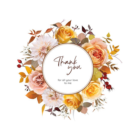 Autumn Thanksgiving "Thank you" greeting card. Fall flowers bouquet wreath. Vector, floral watercolor yellow orange roses, cream dahlia, eucalyptus leaves, branch illustration. Editable wedding inviteのイラスト素材