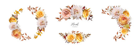 Elegant, floral autumn wreath frame set. Vector fall watercolor yellow rose flowers, cream dahlia, burgundy red, orange eucalyptus leaves, branch bouquet illustration. Editable wedding invitation templateのイラスト素材