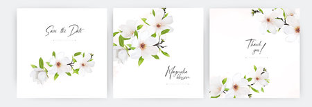 Minimalist wedding invitation, save the date, gift card set. White magnolia flowers, branches, green leaves wreath, bouquet. Editable floral watercolor style Illustration. Stylish vector frame, borderのイラスト素材