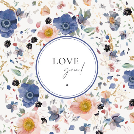 Wedding invite, save the date card template design. pastel floral background. Watercolor vector illustration. Dusty blue, pink anemone flowers, white petals, blackberries, gold glitter bouquet patternのイラスト素材