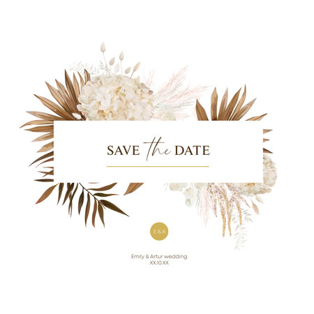 Boho save the date, wedding invite. Dried palm leaves, pampas grass, beige hydrangea, lagurus, lunaria tropical bouquet frame. Stylish, elegant brown, sand, neutral color editable card design templateのイラスト素材