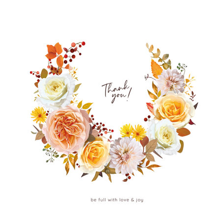 Fall flowers wreath bouquet. Watercolor vector floral illustration. Wedding invite, Thanksgiving thank you card template design. Peach yellow rose, dahlia, red berries orange eucalyptus leaves elementのイラスト素材