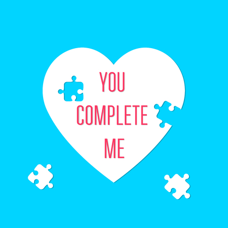 You complete me. Heart sign. Valentines Day. Puzzle pieces. Icon concept of love. Vector illustration, isolated on a blue background for your design greeting card.のイラスト素材