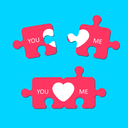 You and Me. Heart sign. Valentines Day. Puzzle pieces. Icon concept of love. Vector illustration, isolated on a blue background for your design greeting card.のイラスト素材