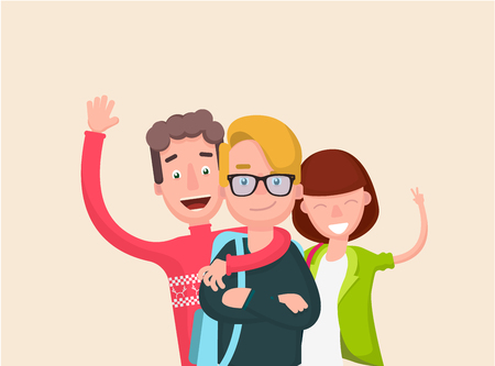 Happy group studentovom. Cheerful young people with backpacks and books.のイラスト素材