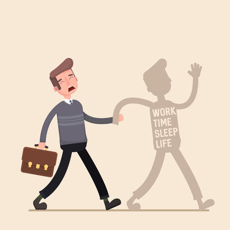 A man will be put to work tired and not enough sleep. Flat. Vector.のイラスト素材