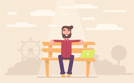 Freelancer happy sitting in the park taking a break at work. Vector illustration in a flat styleのイラスト素材