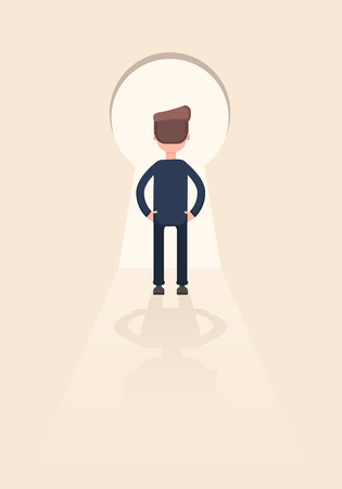 Businessman standing in front of a keyhole which has a bright light.のイラスト素材
