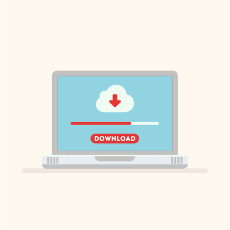 Laptop and download file icon. Document downloading concept. Vector illustration in a flat style.のイラスト素材