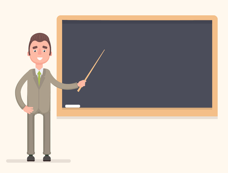 Teacher, professor standing in front of blank school blackboard vector illustration. Vector illustration in a flat style.のイラスト素材