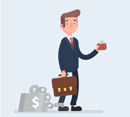 Business man chained to his big heavy debt weight with shackles.の写真素材