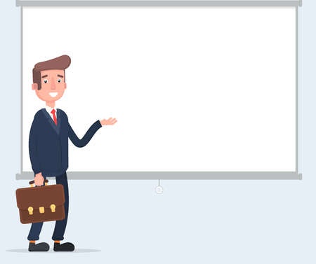 Businessman making a presentation, pointing to the screen. Vector illustration of a flat design.のイラスト素材