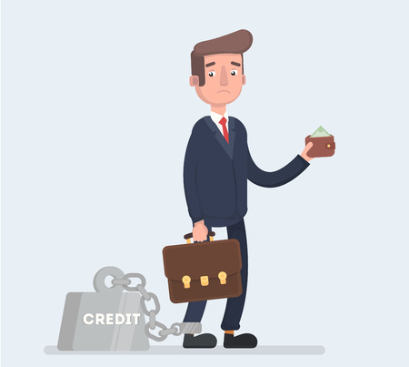 Business man is chained to his heavy loan with shackles. Vector illustration of a flat design.のイラスト素材