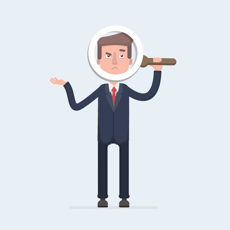Handsome businessman in formal suit looking through a magnifying glass.のイラスト素材