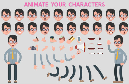 Flat Vector Guy character for your scenes. Character creation set with various views, face emotions, lip sync and poses. Parts of body template for design work and animation.のイラスト素材