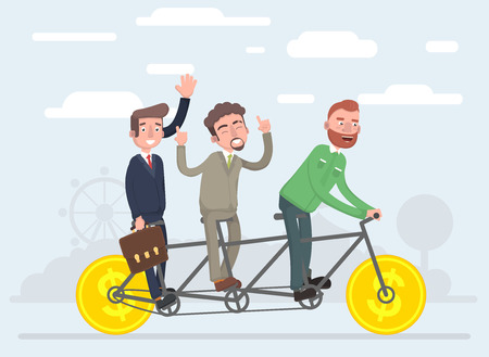 Team work together eat on one bicycle. Vector illustration of a flat design.のイラスト素材