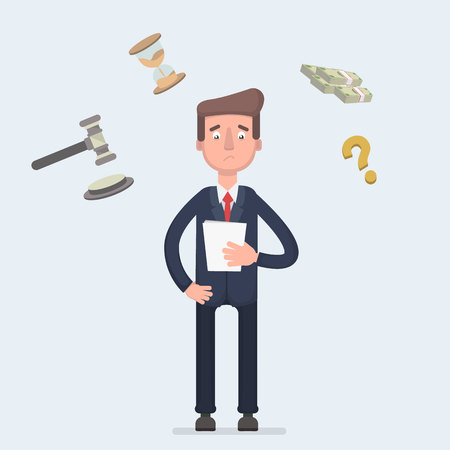 Sad broken businessman standing with legal paper or bill in hands. Afraid of sentence or prosecution due to business debts or braking law. Crisis bankruptcy concept.のイラスト素材