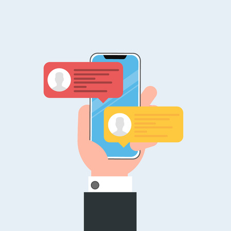 Chat messages notification on smartphone vector illustration, flat style sms bubbles on mobile phone screen. Vector illustration in cartoon styleのイラスト素材