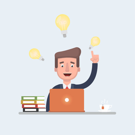 Businessman vector stock having ideas while working behind his laptop, great for presentation.のイラスト素材