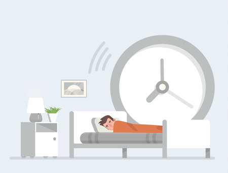 Man sleeping in bed with a big wall clock behind him.のイラスト素材