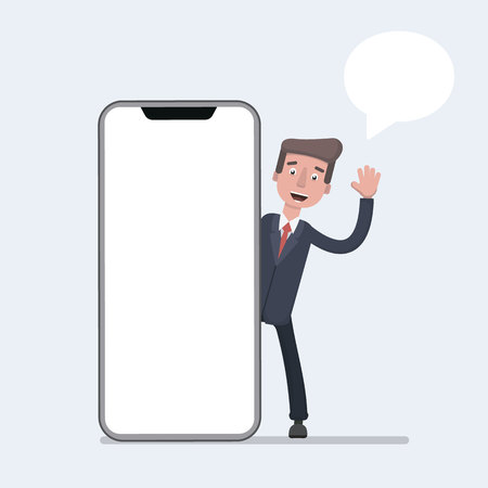 Businessman talking beside big smart phone with blank screen. Business communication concept.のイラスト素材