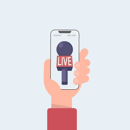 news TV cell phone and live in mobile phone with camera frame. rec and record cartoon. hand and mic vector. Vector illustration in cartoon style.のイラスト素材