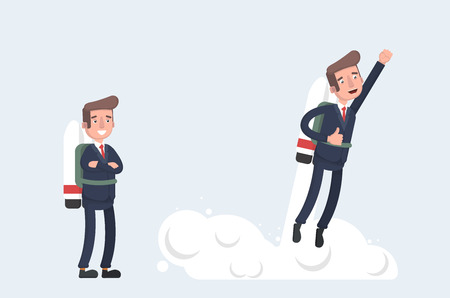 Creative character design on businessman using jet pack and lifts off the ground. Career boost...