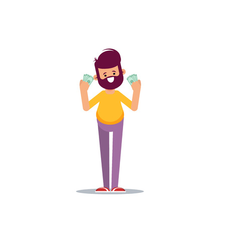 Joyful man with banknotes of money in his hands. Vector illustration in cartoon style.のイラスト素材
