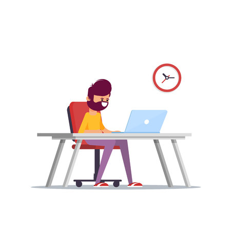 Handsome man is working at his laptop. Vector illustration in cartoon styleのイラスト素材