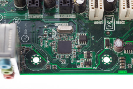 Motherboard of an old computer with a heatsink