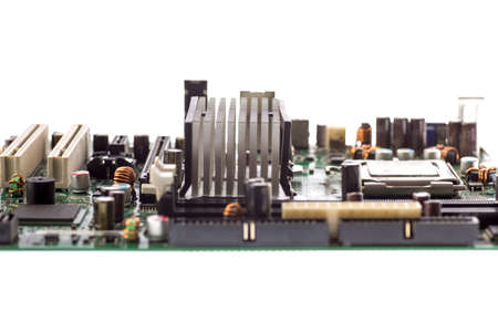 Motherboard of an old computer with a heatsink