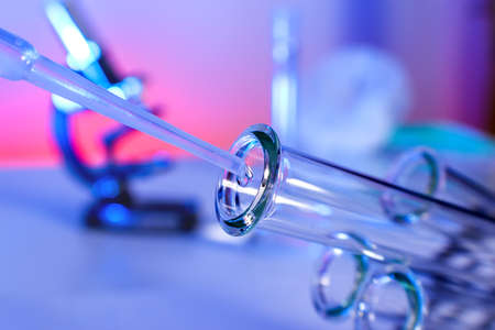 Test tubes  on blue background.の写真素材