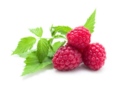 Ripe red raspberries, leaf, composition. Isolated on white