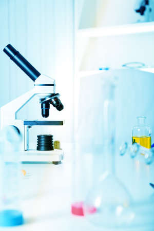 Laboratory microscope lens.modern microscopes in a lab. toned imageの写真素材