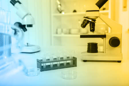 Laboratory microscope lens.modern microscopes in a lab.の写真素材