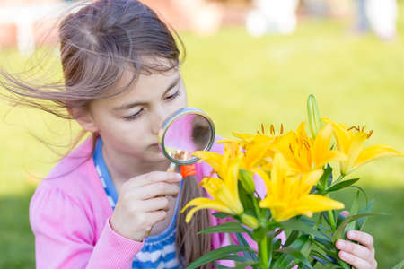Little smiling child playing with magnifying glass in a gardenの写真素材
