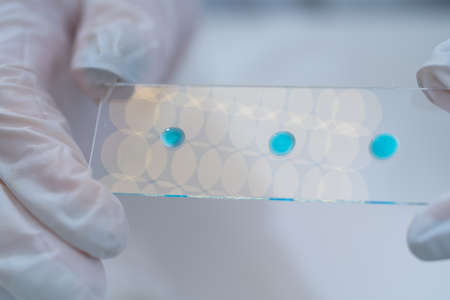 Woman in a laboratory microscope with microscope slide in hand