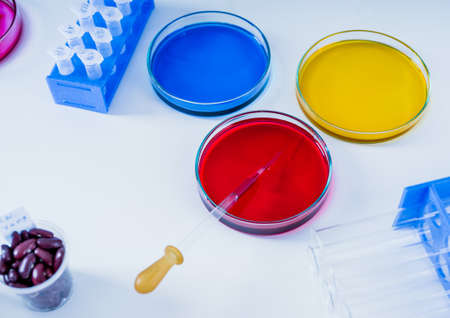 Pipette with drop of color liquid and petri dishes.の写真素材